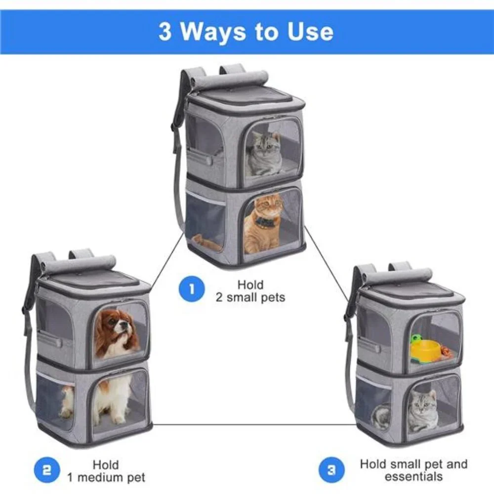 2-in-1 Double Pet Carrier Backpack for Small Cats and Dogs, Portable Pet Travel
